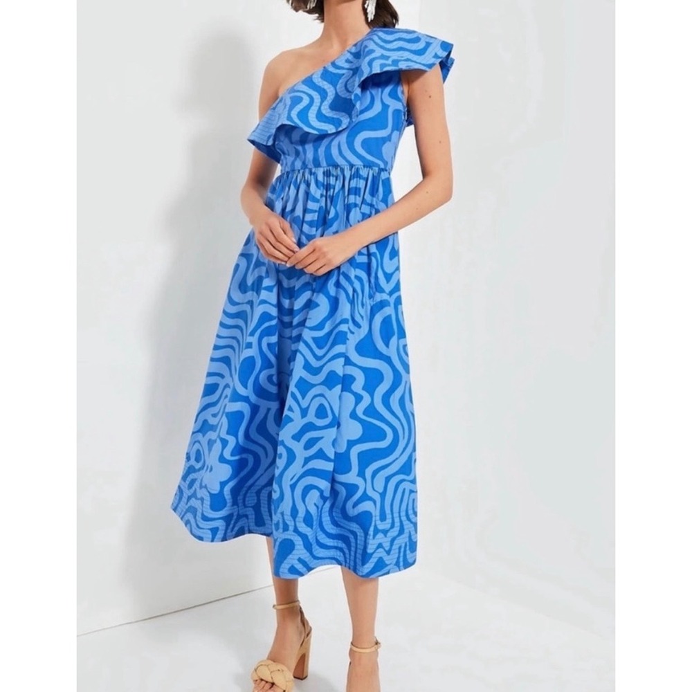 Oliphant Ashbury Dress One Shoulder Ruffle Blue Abstract Swirl Cotton Midi M